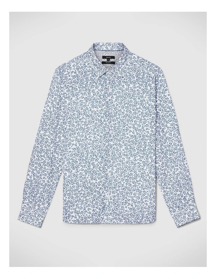 Regular Long Sleeve Printed Floral Linen Shirt in White/Blue image 2