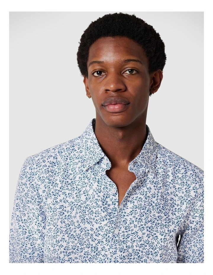 Regular Long Sleeve Printed Floral Linen Shirt in White/Blue image 3