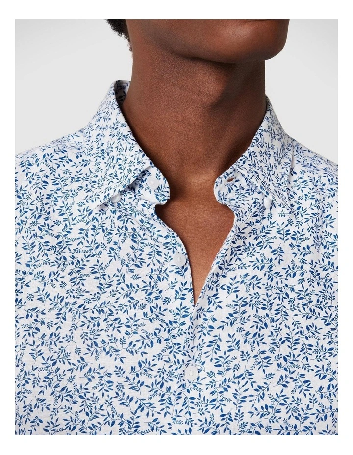 Regular Long Sleeve Printed Floral Linen Shirt in White/Blue image 4