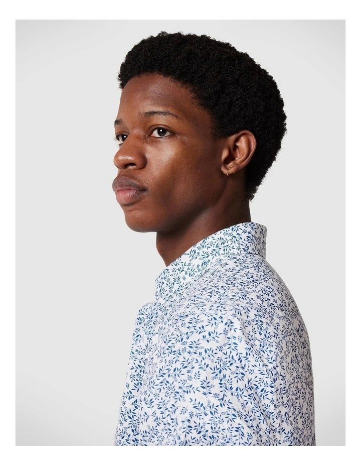 Regular Long Sleeve Printed Floral Linen Shirt in White/Blue image 6