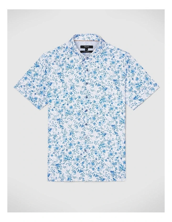 Regular Short Sleeve Floral Shirt in White/Blue image 4