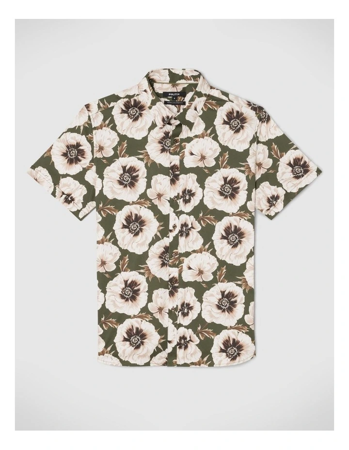 Regular Fit Short Sleeve Floral Shirt in Khaki/Tan image 2