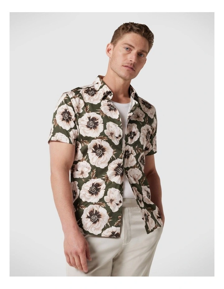 Regular Fit Short Sleeve Floral Shirt in Khaki/Tan image 3