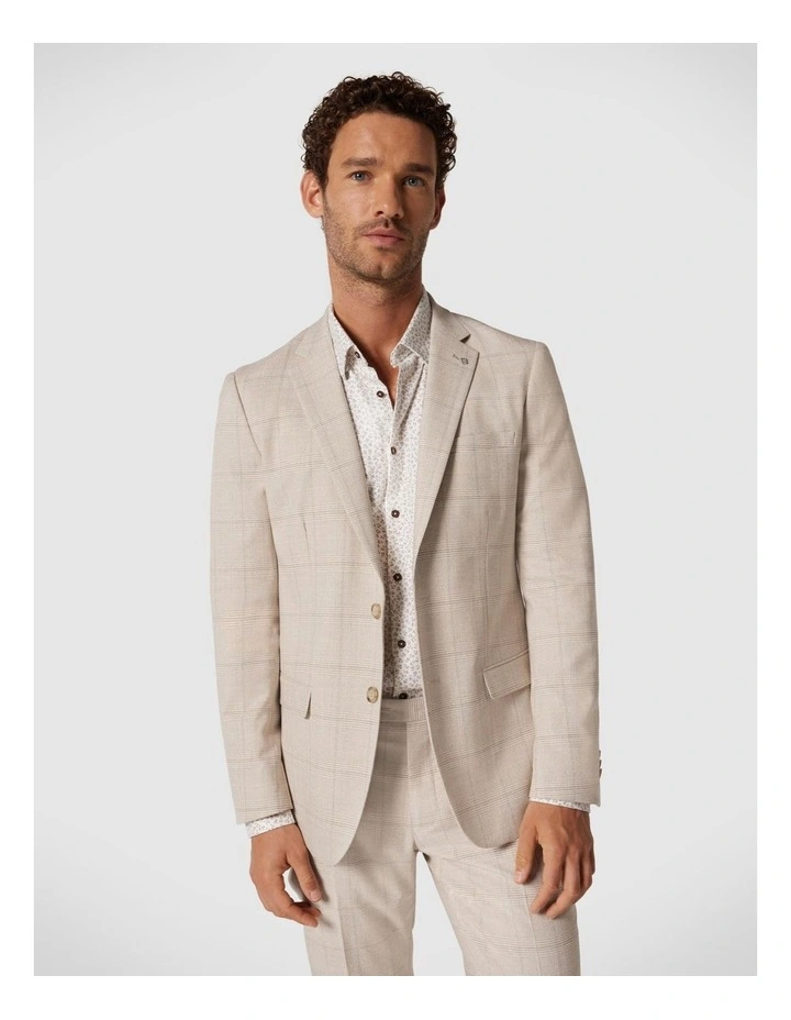 Slim Stretch Prince Of Wales Lightweight Tailored Jacket in Natural Check image 3