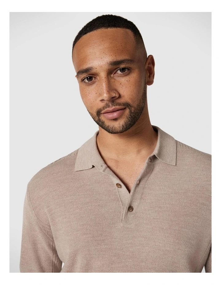 Knitted Polo Shirt in Almond image 4