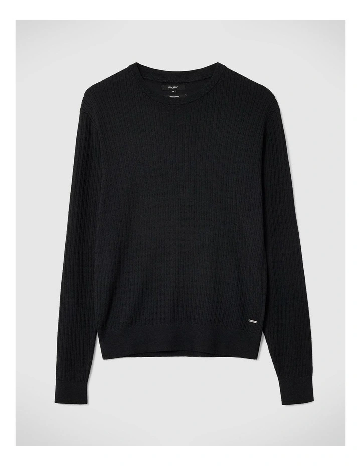 Merino Wool Long Sleeve Crew Knit Sweater in Black image 2