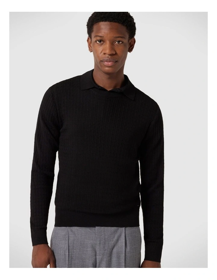 Merino Wool Long Sleeve Crew Knit Sweater in Black image 3