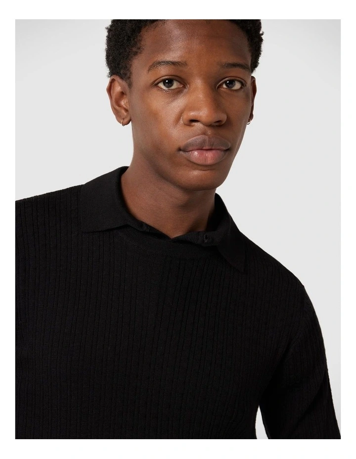 Merino Wool Long Sleeve Crew Knit Sweater in Black image 4