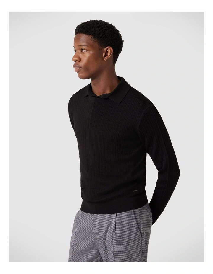 Merino Wool Long Sleeve Crew Knit Sweater in Black image 5