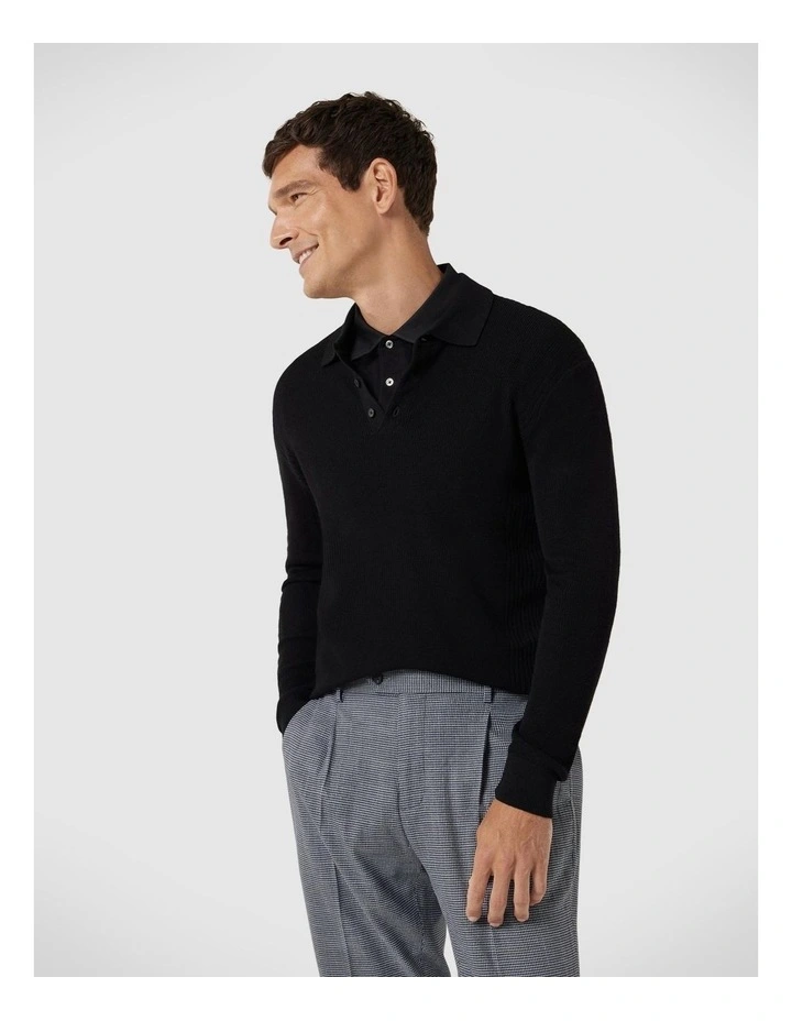 Long Sleeve Knitted Polo in Black image 1