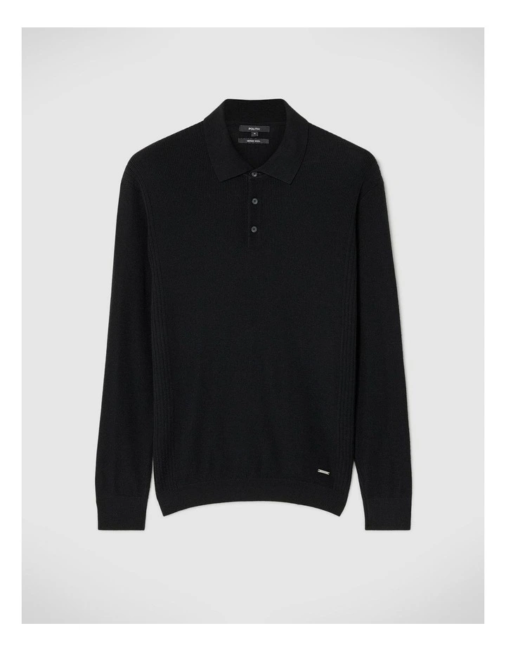 Long Sleeve Knitted Polo in Black image 2