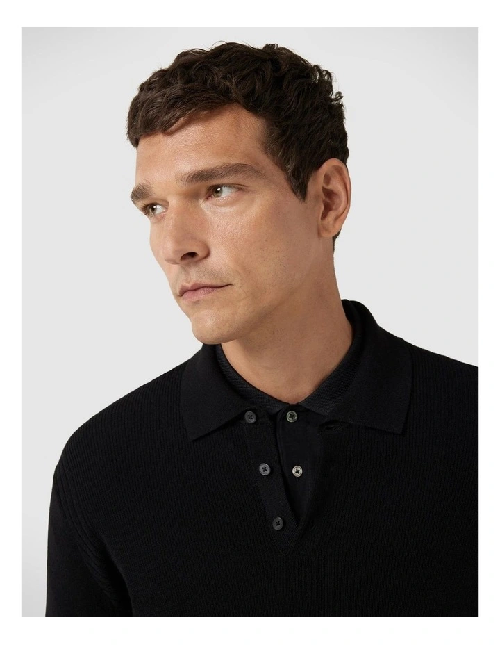 Long Sleeve Knitted Polo in Black image 4