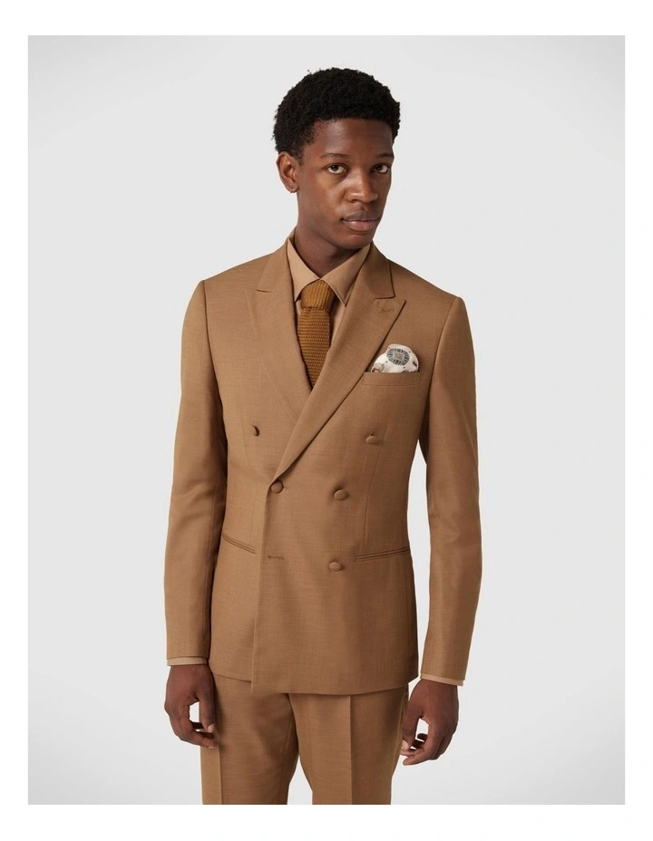 Slim Stretch Double Breasted Tailored Jacket in Tan image 1