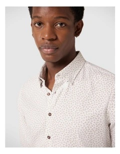Slim Stretch Micro Floral Long Sleeve Shirt in White/Sand