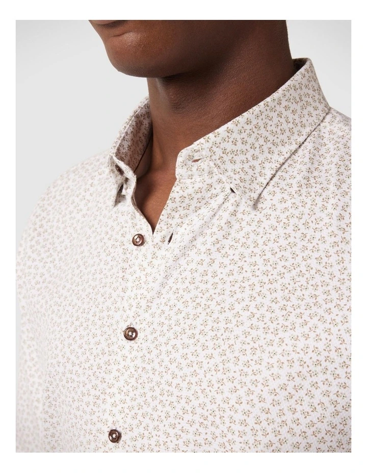 Slim Stretch Micro Floral Long Sleeve Shirt in White/Sand image 4