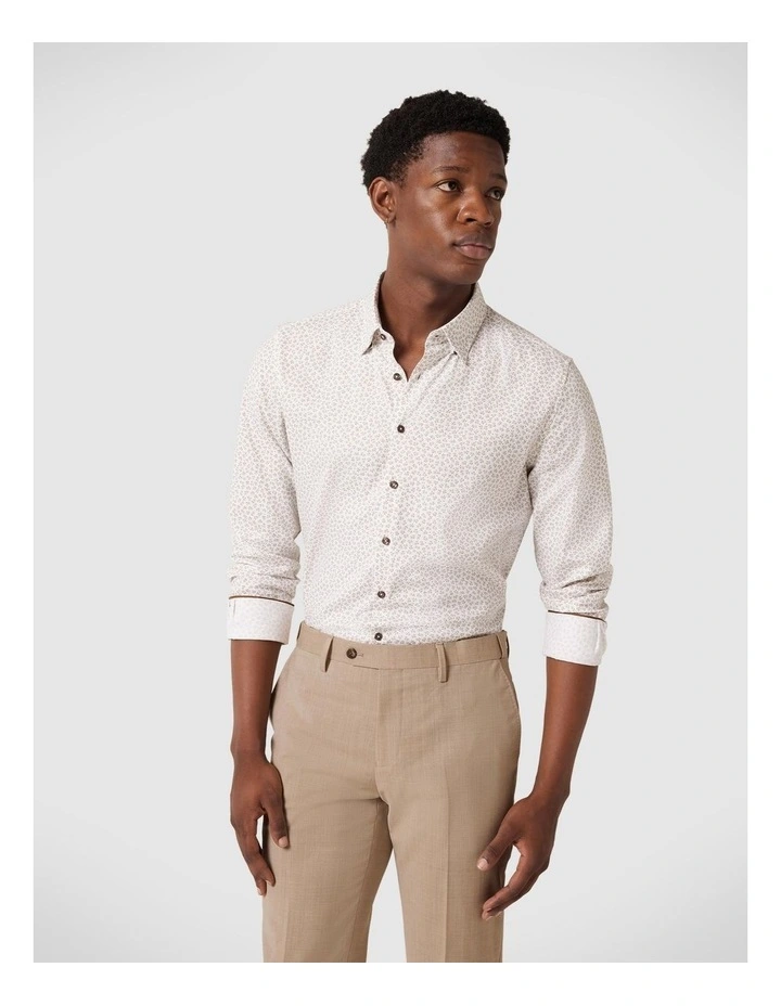 Slim Stretch Micro Floral Long Sleeve Shirt in White/Sand image 5