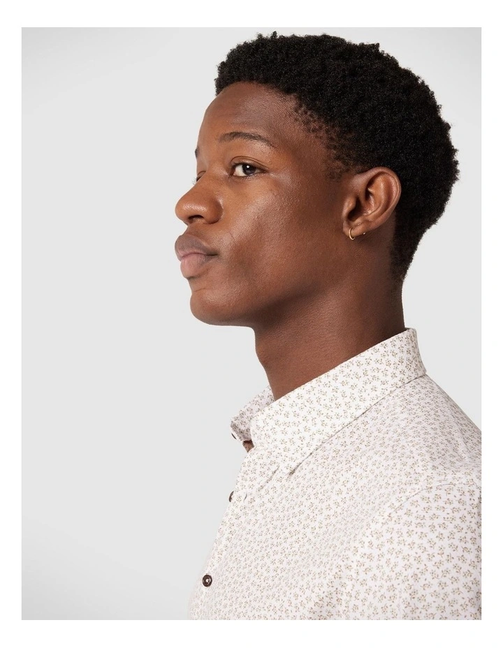 Slim Stretch Micro Floral Long Sleeve Shirt in White/Sand image 6