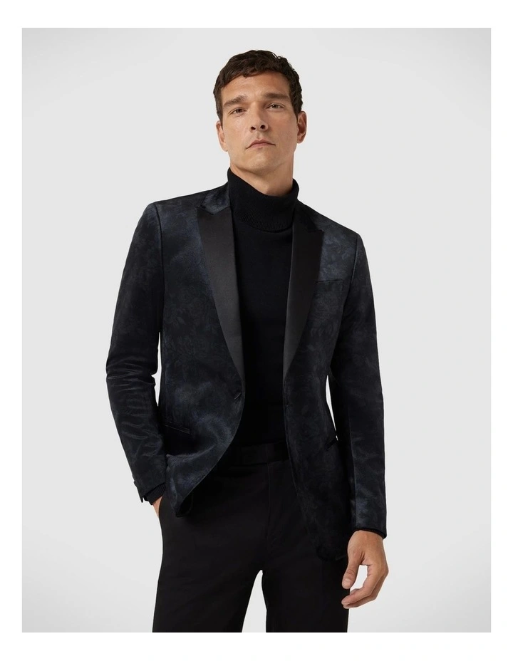 Two-tone Print Velvet Tuxedo Jacket in Dark Charcoal image 1