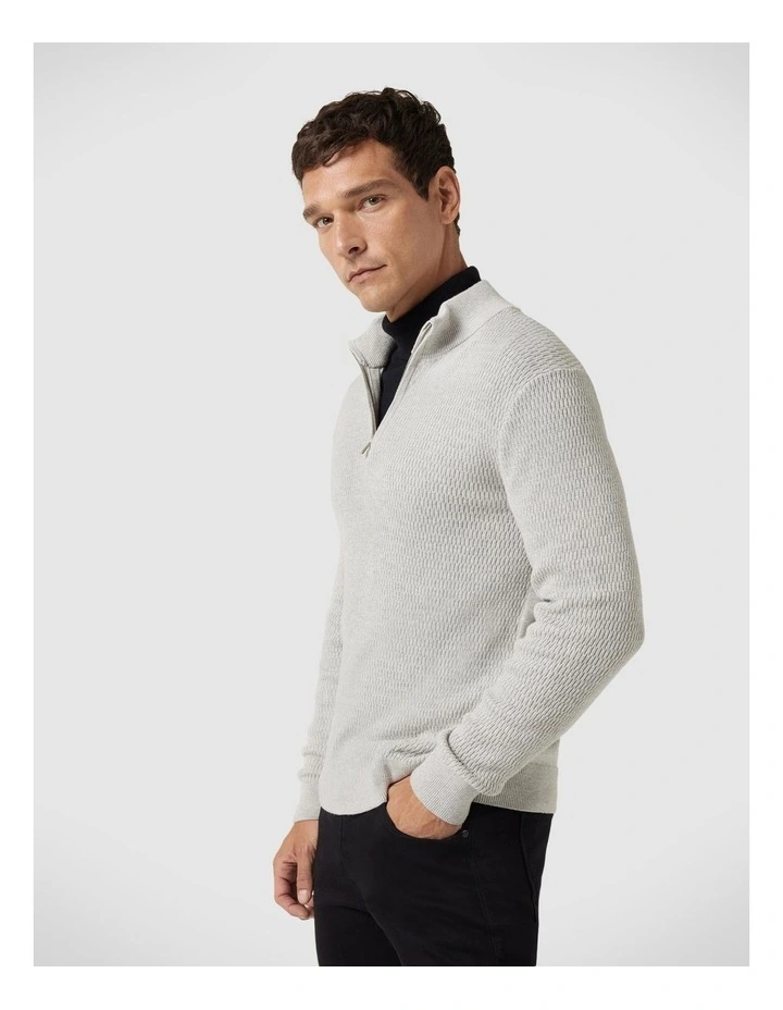 Funnel Neck Long Sleeve Knit With Honeycomb Texture Detail in Grey Marle image 1