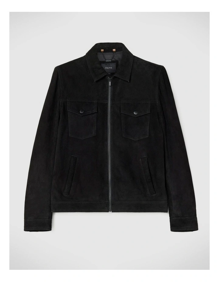 Suede Zip Through Trucker Jacket in Black image 2