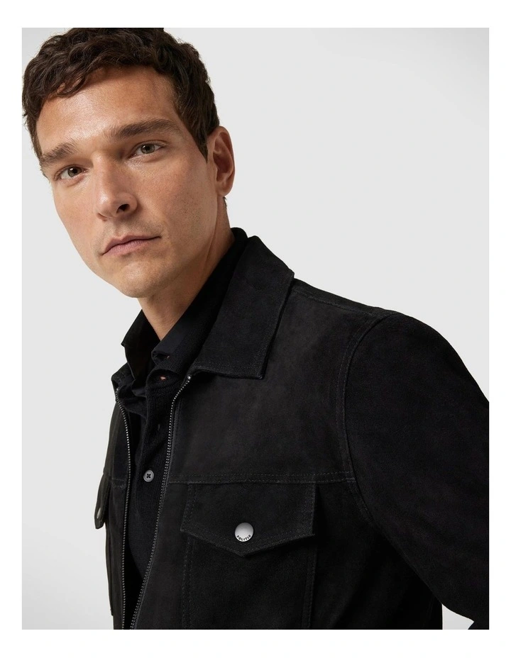 Suede Zip Through Trucker Jacket in Black image 4