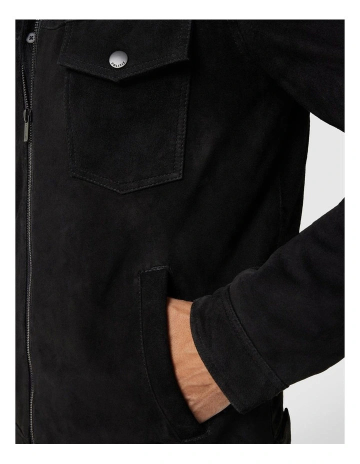 Suede Zip Through Trucker Jacket in Black image 7