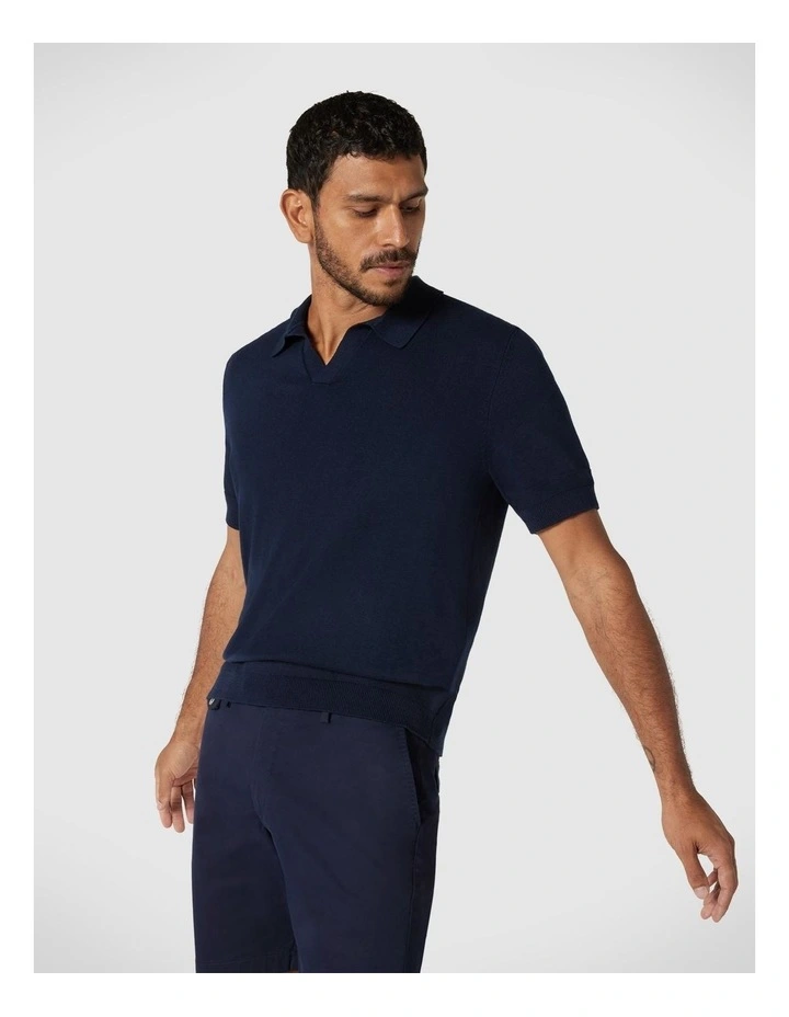 Short Sleeve Trophy Neck Knit in Navy image 1