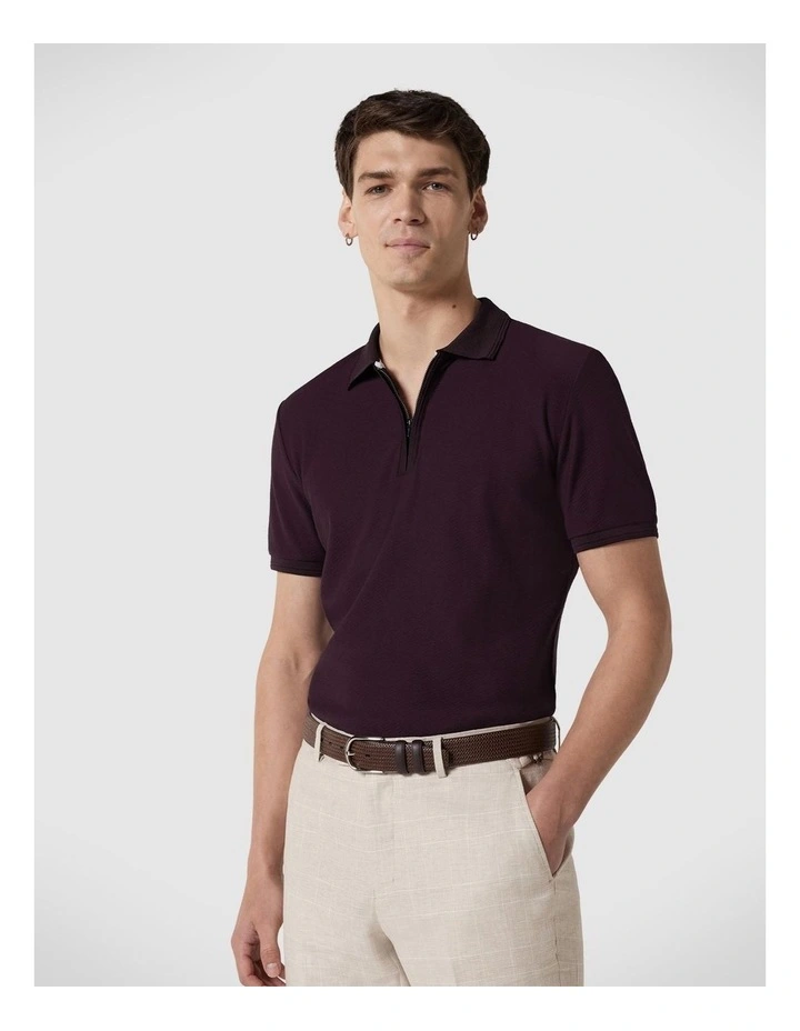 Textured Zip-up Polo in Aubergine image 1