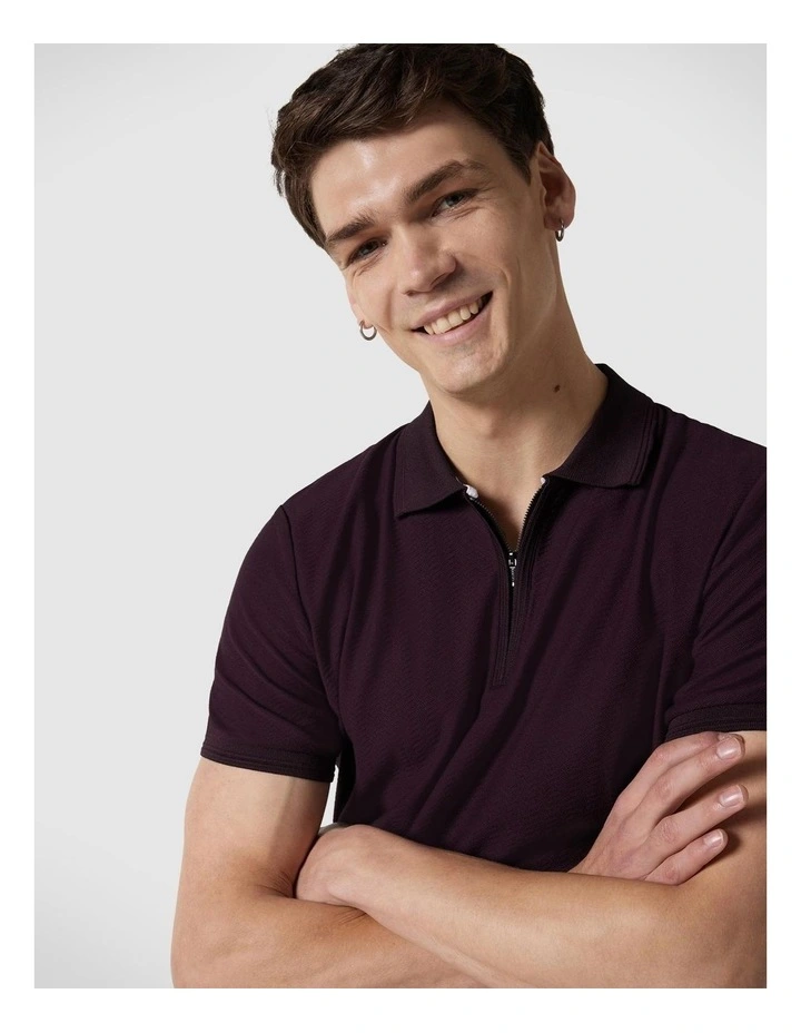 Textured Zip-up Polo in Aubergine image 4