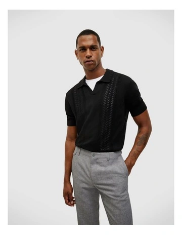 Pointelle Panelled Trophy Neck Knit in Black