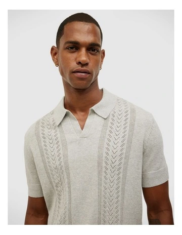 Pointelle Panelled Trophy Neck Knit in Grey Marle