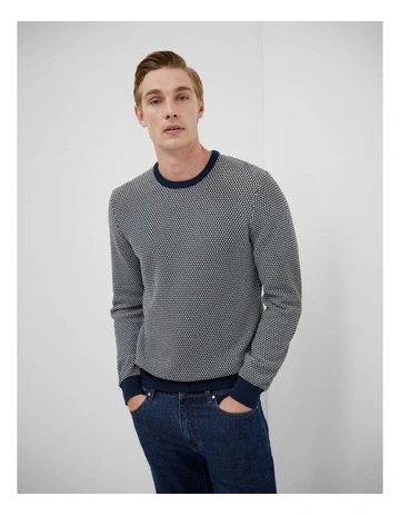 Tricolour Crew Neck Knit Jumper in Navy