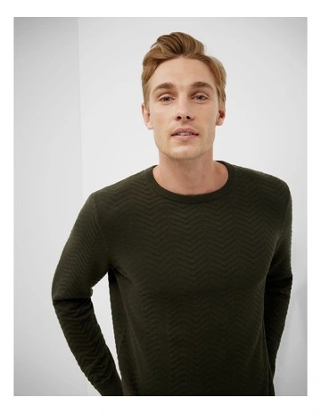 Lightweight Zig Zag Crew Neck Knit in Khaki