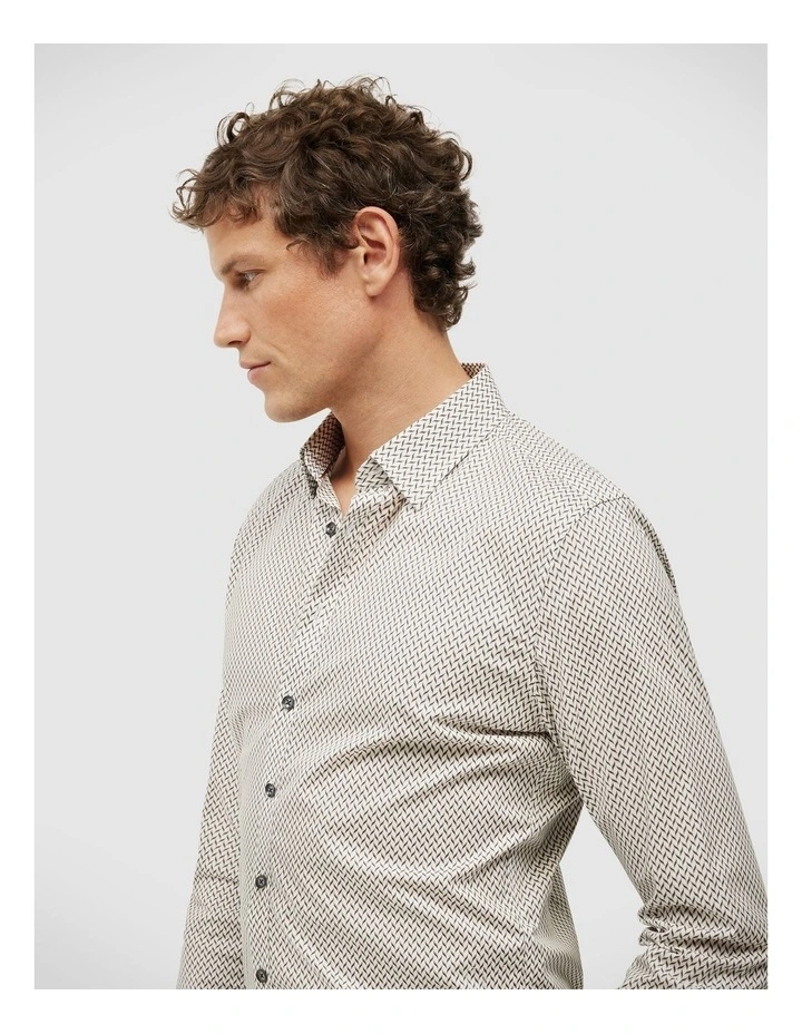 Everett Herringbone Printed Long Sleeve Shirt in Fawn image 6