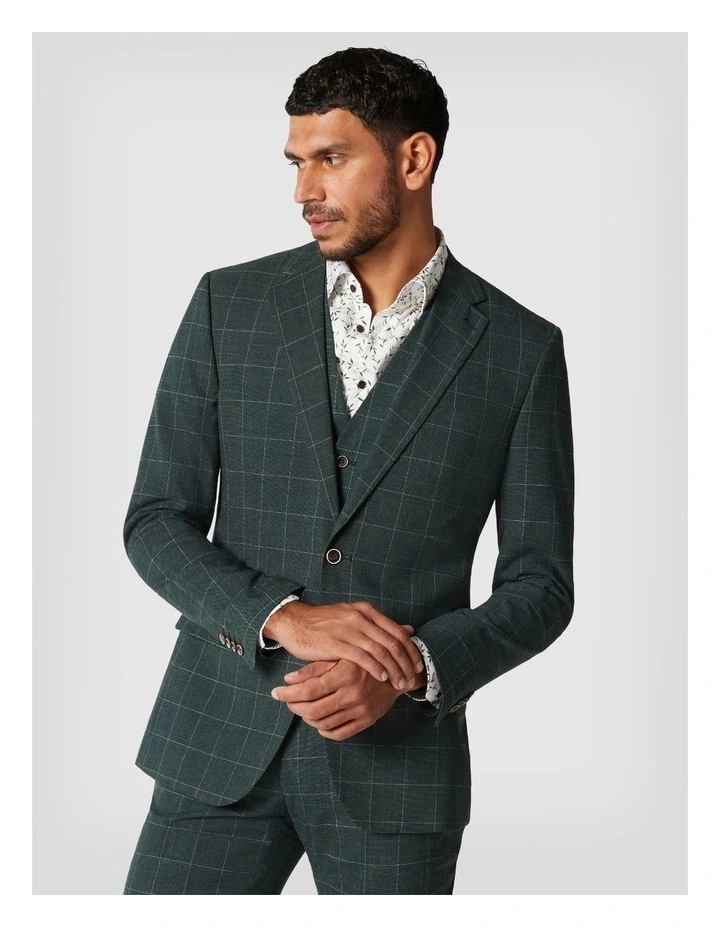 Slim Stretch Windowpane Check Tailored Jacket in Forest Windowpane image 1