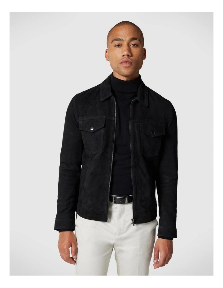 Suede Zip Through Trucker Jacket in Black image 1