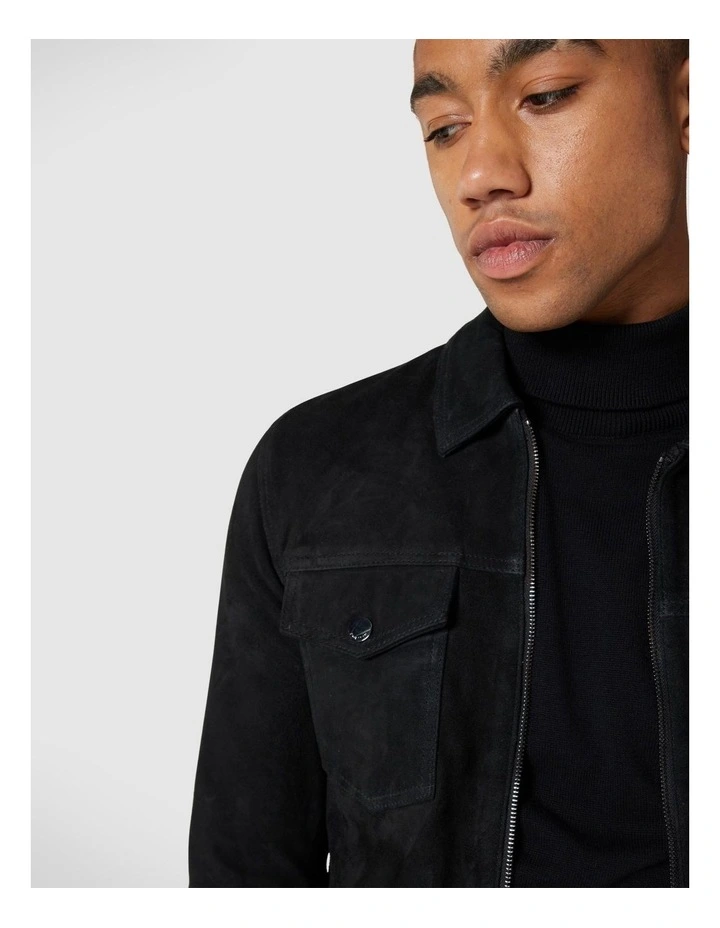 Suede Zip Through Trucker Jacket in Black image 3