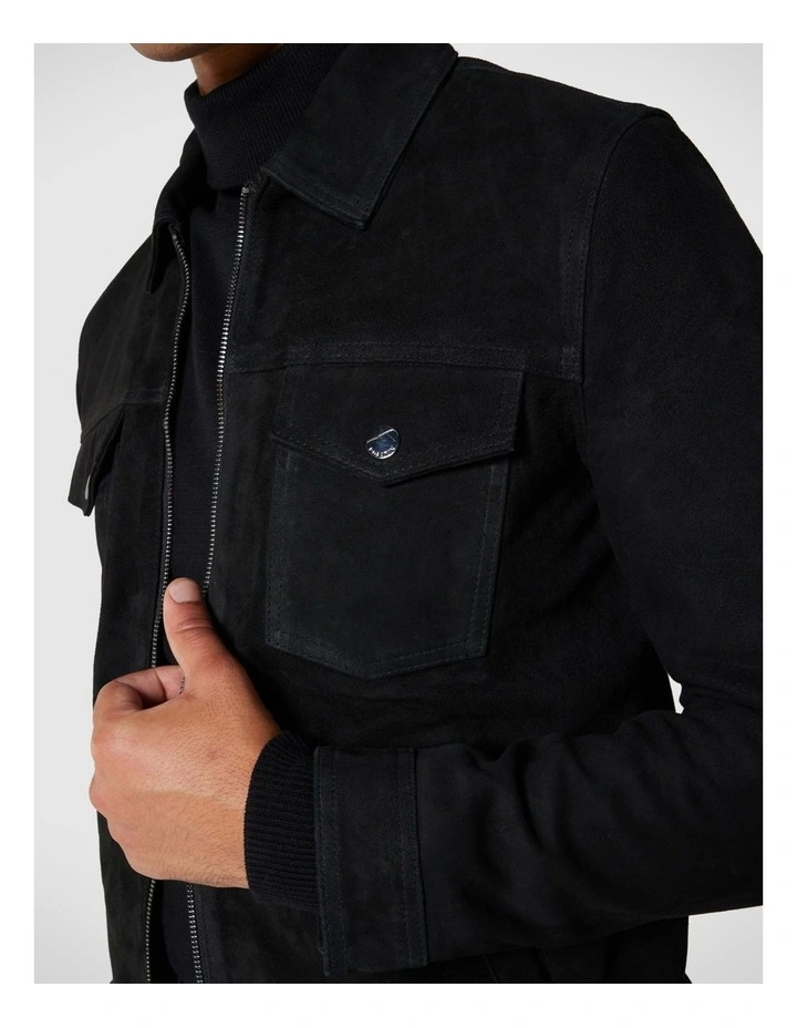 Suede Zip Through Trucker Jacket in Black image 6