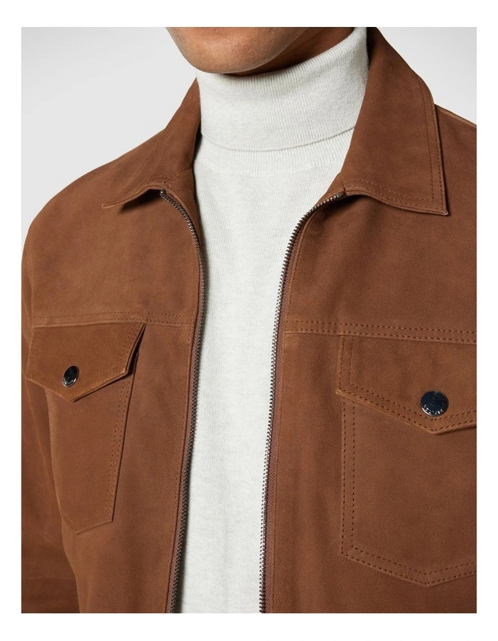 Suede Zip Through Trucker Jacket in Tan image 3