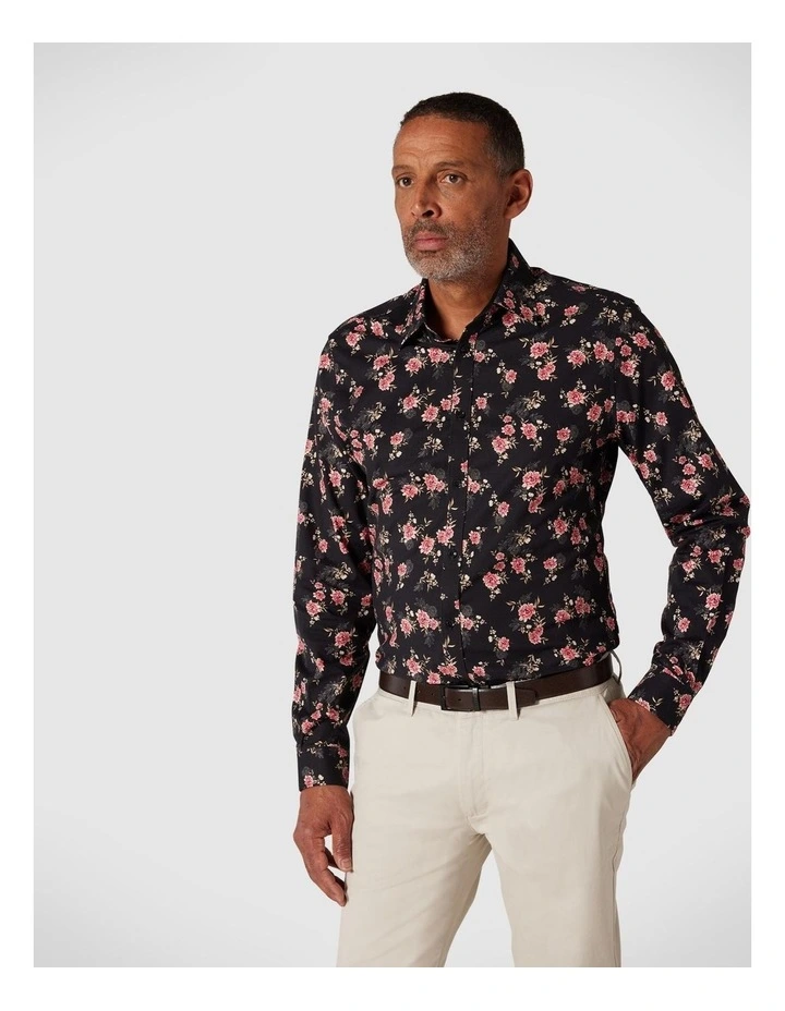 Slim Long Sleeve Floral Shirt in Black/Pink image 1