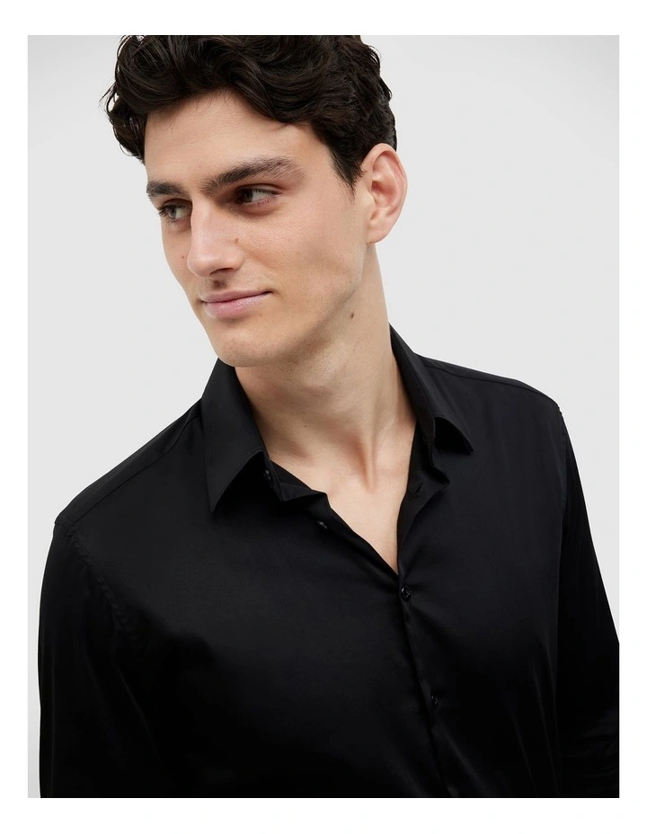 Regular Sateen Long Sleeve Shirt in Black image 3