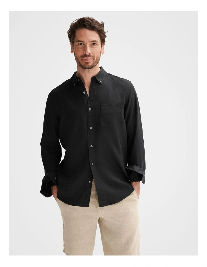 Regular Fit Piece Dyed Linen Shirt in Black image 1