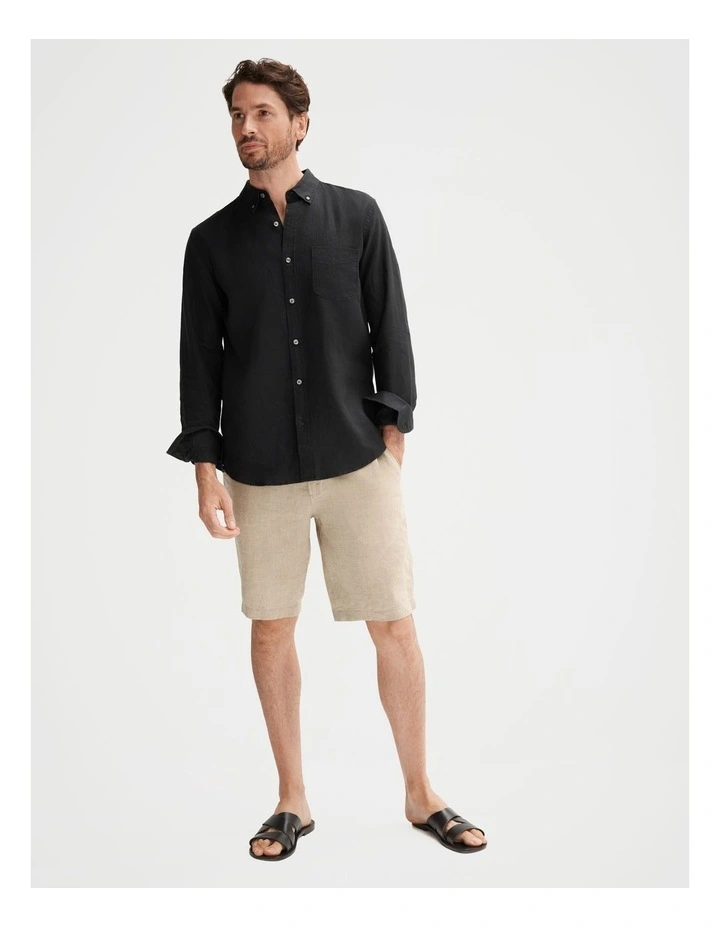 Regular Fit Piece Dyed Linen Shirt in Black image 2