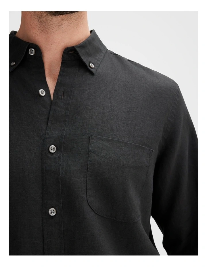 Regular Fit Piece Dyed Linen Shirt in Black image 4
