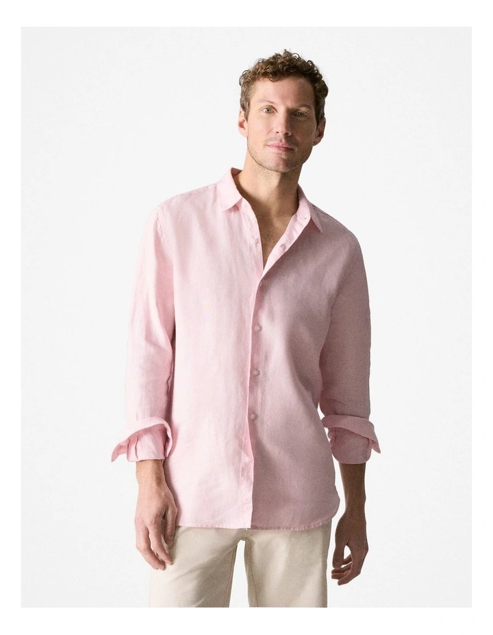 Tailored Fit Delave Linen Long Sleeve Shirt in Light Pink image 1