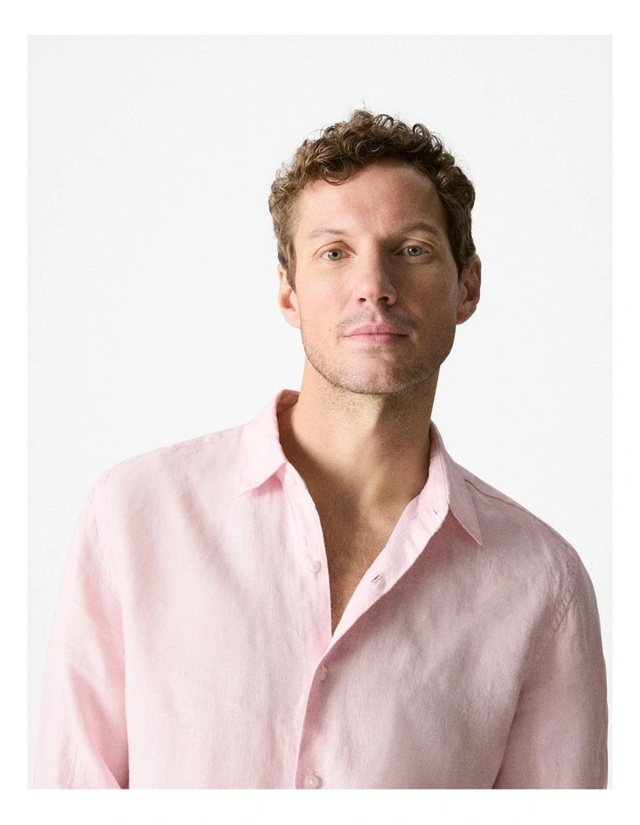 Tailored Fit Delave Linen Long Sleeve Shirt in Light Pink image 2