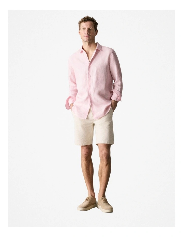 Tailored Fit Delave Linen Long Sleeve Shirt in Light Pink image 3