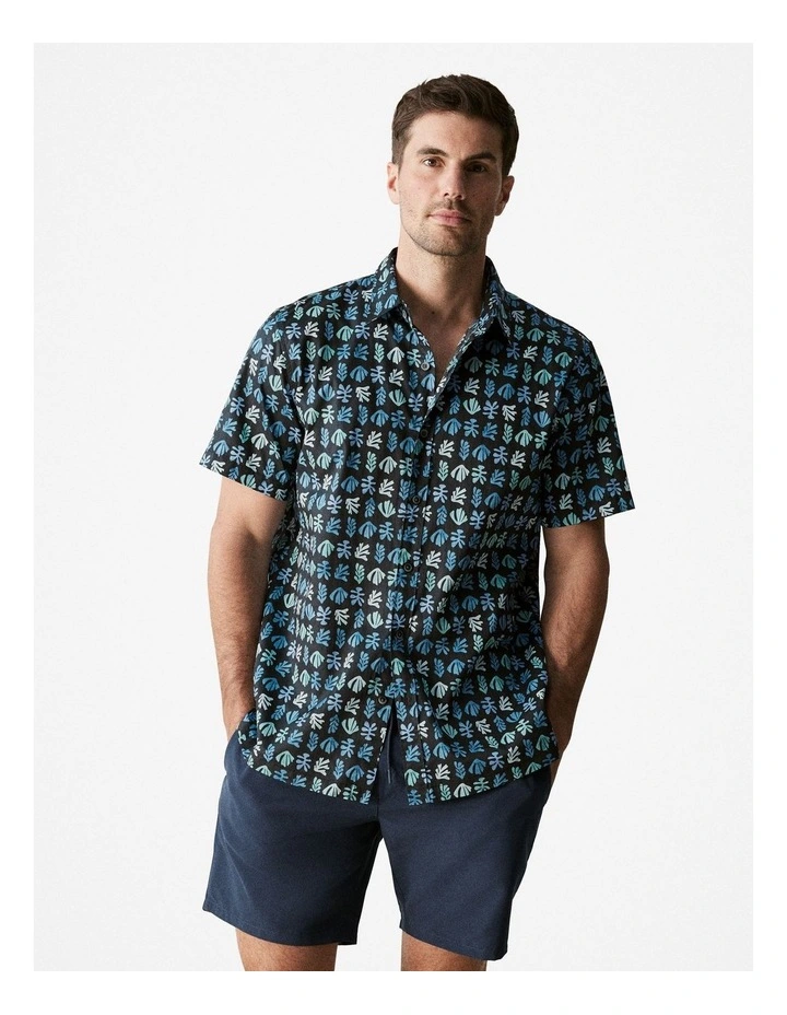 Regular Fit Summer Leaf Print Short Sleeve Shirt in Black image 1