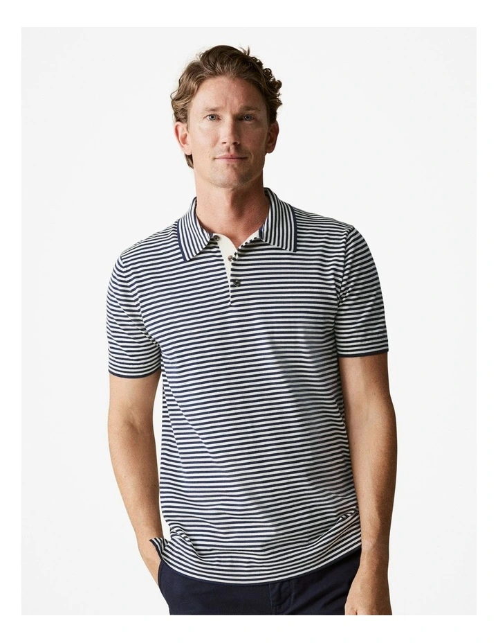 Cotton Barre Stripe Knit Polo Shirt in Navy image 1