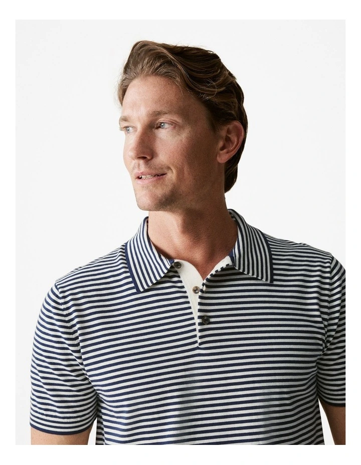 Cotton Barre Stripe Knit Polo Shirt in Navy image 3